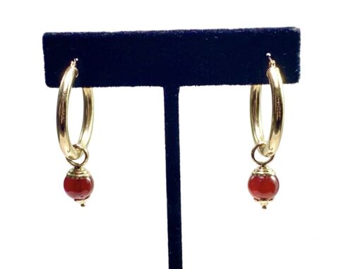 Vintage 14k Yellow Gold Round Red Gemstone Hallow Big Hoop Earrings