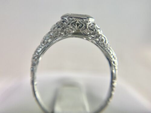 Art Deco 18k White Gold Round Single Cut Diamond Filigree Small Engagement Ring