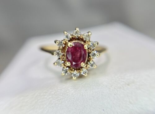 Vintage 14k Yellow Gold Oval Red Ruby Round Diamond Halo Small Cocktail Ring