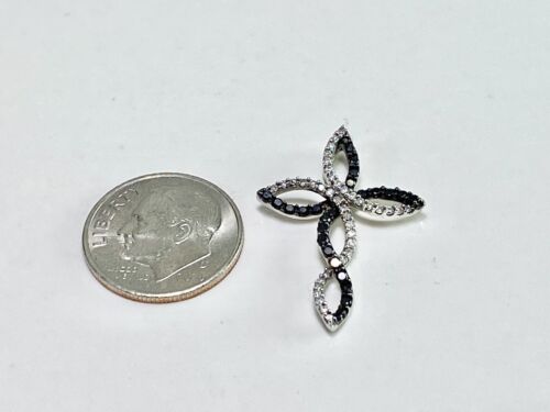 10k White Gold Designer Signed Natural Round Black Diamond Cross Pendant