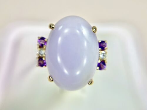 Vintage 14k Yellow Gold Oval Lavender Jade Round Diamond Big Cocktail Ring