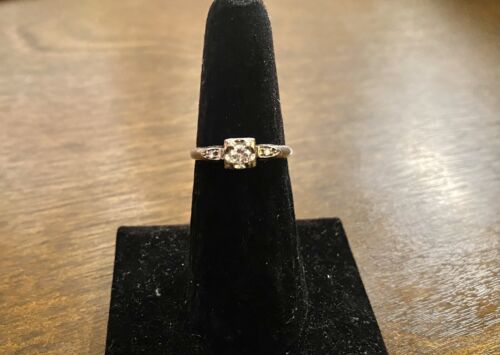 Art Deco Signed 14k White Gold Natural Round Diamond Small Engagement Ring