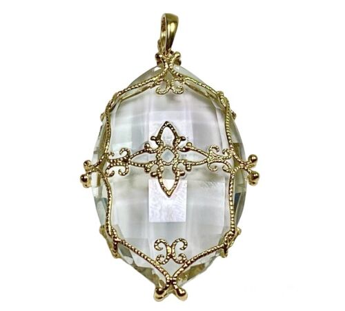 Vintage 14k Yellow Gold White Crystal Faceted Heavy Big Filigree Pendant