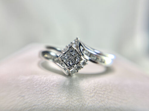 10k White Gold Designer Princess Cut Round Diamond Enhancer Engagement Ring Set