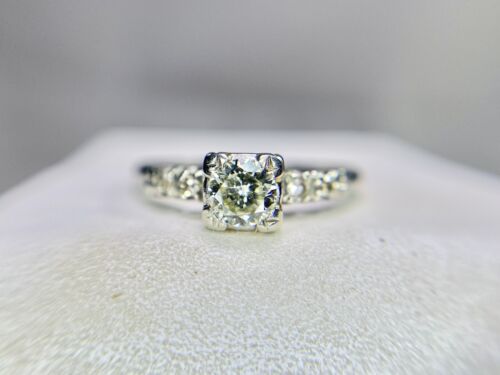 Vintage Art Deco 18k White Gold Natural Old Cut Round Diamond Engagement Ring