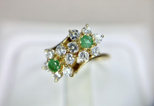 Vintage 14k Yellow Gold Natural Round Diamond Green Emerald Double Flower Ring