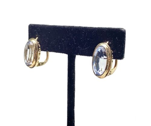 Vintage 18k Yellow Gold Oval Shape Blue Spinel Euro Style Bezel Set Earrings