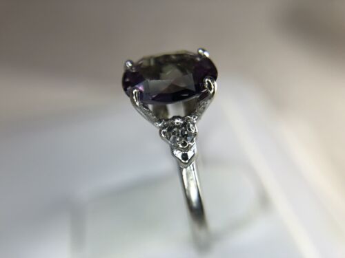 10k White Gold Synthetic Oval Alexandrite Round CZ Engagement Ring