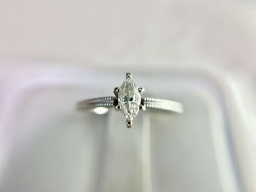 Vintage 14k White Gold Natural Marquise Cut Diamond Solitaire Engagement Ring