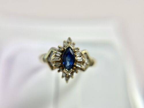 Vintage 10k Yellow Gold Natural Marquise Sapphire Round Diamond Cocktail Ring