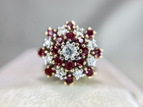 Vintage 14k Yellow Gold Natural Round Diamond Red Ruby Big Cocktail Ring 1.75 CT