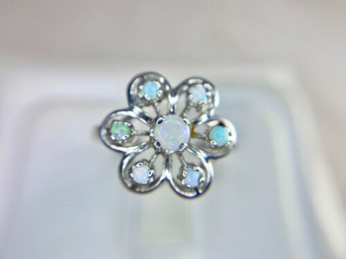 Vintage 14k White Gold Round White Opal Flower Shape Cocktail Ring