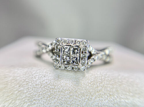 14k White Gold Princess Cut Round Diamond Cluster Halo Small Engagement Ring 