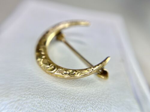 Art Nouveau Vintage 10k Yellow Gold Engraved Half Moon Pin Brooch