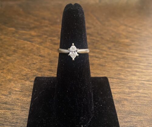 Vintage 14k White Gold Natural Marquise Shape Diamond Solitaire Engagement Ring