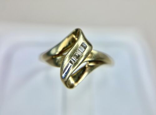 Vintage 10k Yellow Gold Natural Baguette Cut Diamond Bypass Cocktail Ring 