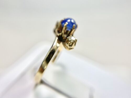 Victorian 14k Yellow Gold Round Blue Cabochon Sapphire Old European Diamond Ring