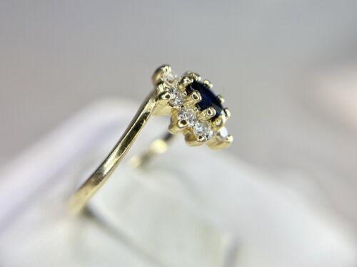 Vintage 14k Yellow Gold Natural Marquise Blue Sapphire Round Diamond Halo Ring