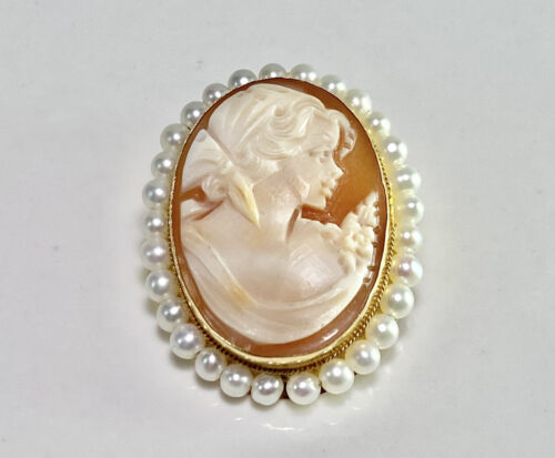 Vintage 14k Yellow Gold Oval Pink Lady Cameo Silhouette Pearl Big Pin Pendant