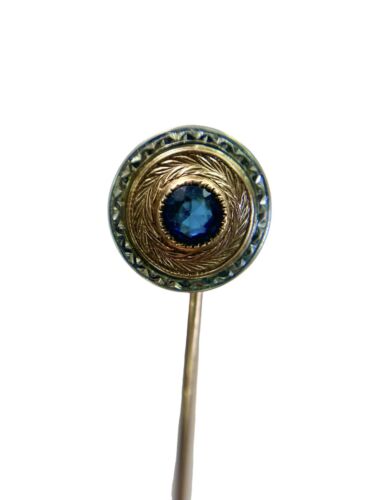 Vintage Art Deco 10k Yellow Gold Round Blue Sapphire Stick Pin