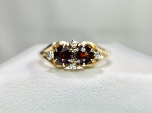 Vintage Victorian 10k Yellow Gold Rhodolite Red Garnet Round Diamond Ring