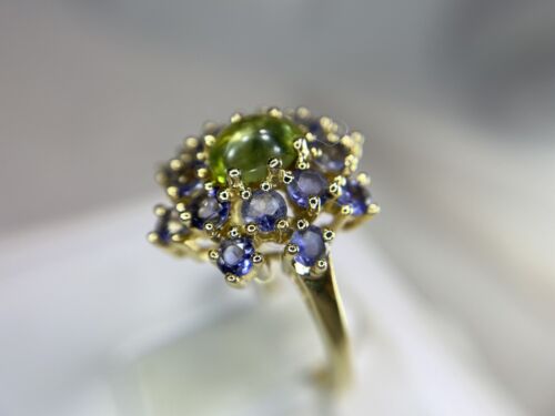 Vintage 14k Yellow Gold Oval Green Cabochon Peridot Tanzanite Cocktail Ring