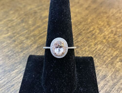 14k White Gold Effy Designer Oval Shape Pink Morganite Round Diamond Halo Ring