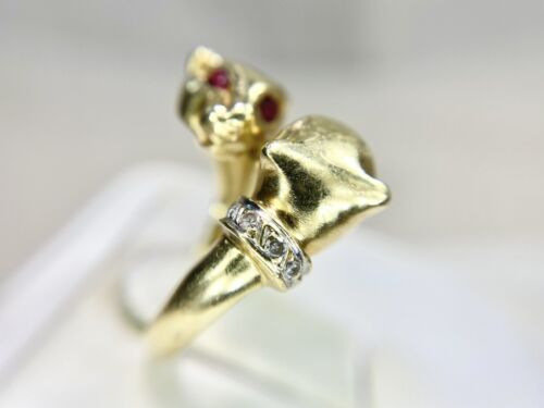 Vintage 14k Yellow Gold Natural Round Red Ruby Diamond Panther Head Ring