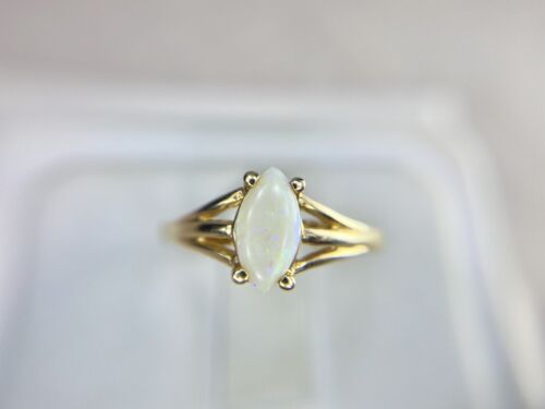 Vintage Estate 14k Yellow Gold Natural Marquise Shape White Opal Solitaire Ring