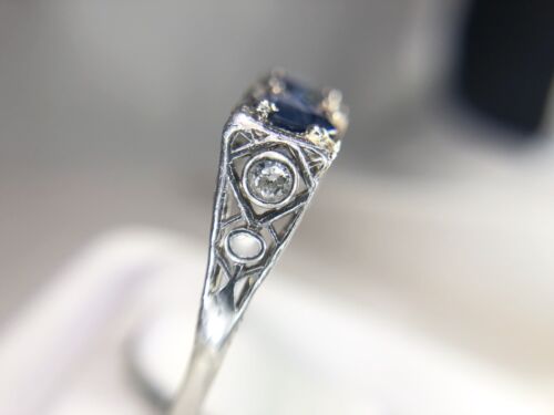 Art Deco Platinum Round Double Blue Sapphire Old European Diamond Filigree Ring