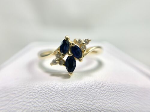 Vintage 14k Yellow Gold Marquise Blue Sapphire Round Diamond Small Cocktail Ring