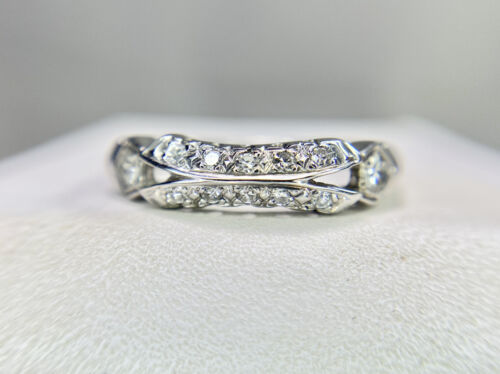 Art Deco 14k White Gold Natural Round Single Cut Diamond Wedding Band Ring