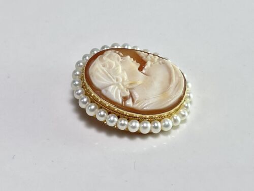 Vintage 14k Yellow Gold Oval Pink Lady Cameo Silhouette Pearl Big Pin Pendant