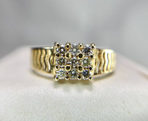 Vintage 14k Yellow Gold Natural Round Brilliant Diamond Cluster Cocktail Ring