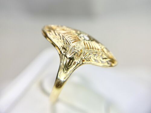 Vintage Art Deco 14k Yellow Gold Round Diamond Filigree Shield Ring