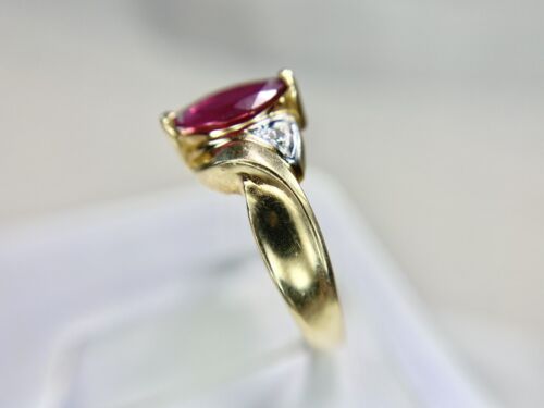 Vintage 10k Yellow Gold Signed Marquise Shape Red Ruby Round Diamond Ring