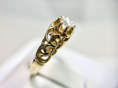 Vintage 14k Yellow Gold Natural Round Diamond Filigree Solitaire Engagement Ring