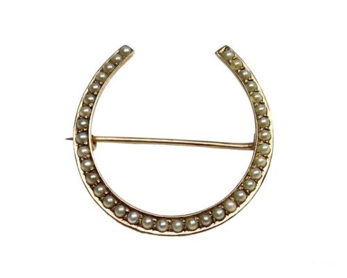 Vintage Victorian 10k Rose Gold White Pearl Lucky Horseshoe Pin Brooch