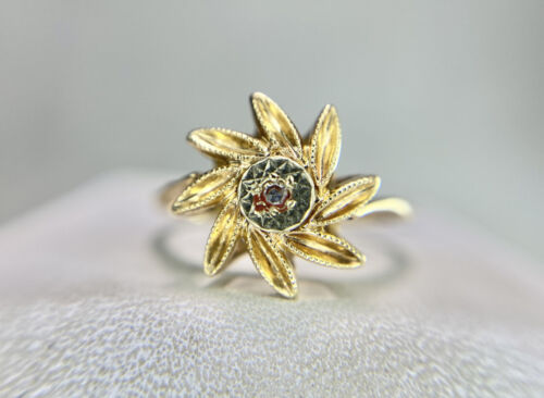 Vintage 14k Yellow Gold Round Single Cut Diamond Small Cocktail Flower Ring