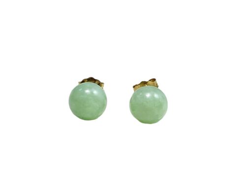 Vintage 14k Yellow Gold Round Circle Light Green Jade Stud Earrings