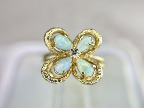 Vintage 14k Yellow Gold Natural Pear Shape Opal Round Diamond Cocktail Ring