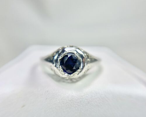 Art Deco 14k White Gold Natural Round Blue Sapphire Filigree Solitaire Ring