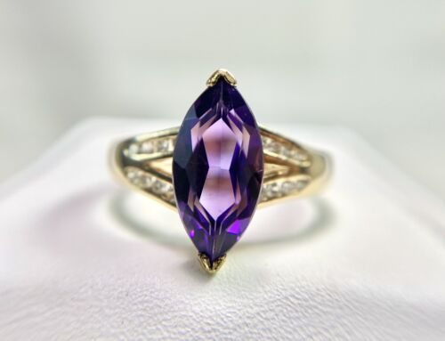 14k Yellow Gold Designer Natural Marquise Purple Amethyst Round Diamond Ring