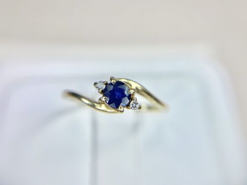 Vintage 14k Yellow Gold Natural Round Blue Sapphire Diamond Small Bypass Ring