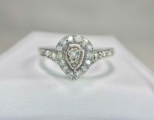 Vintage 10k White Gold Natural Round Diamond Pear Shape Halo Engagement Ring