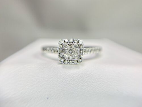 10k White Gold Natural Round Brilliant Diamond Cluster Halo Engagement Ring