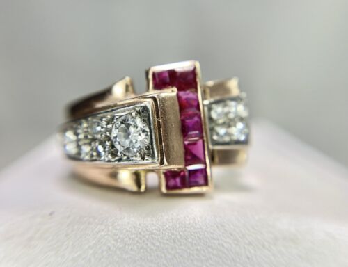 Vintage Art Deco 14k Rose Gold Old Cut Diamond Red Ruby Cocktail Ring