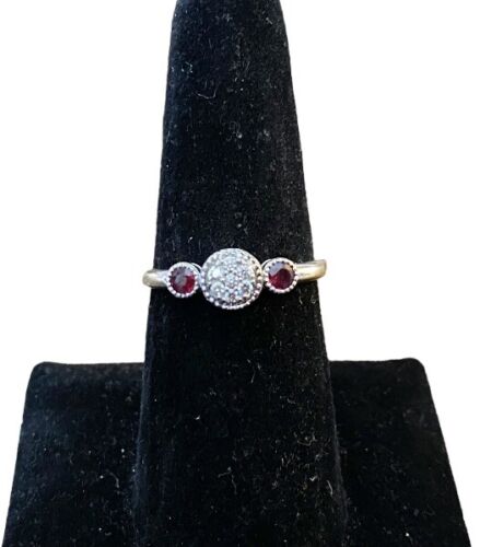 10k White Gold Natural Round Red Ruby Diamond Cluster Engagement Ring