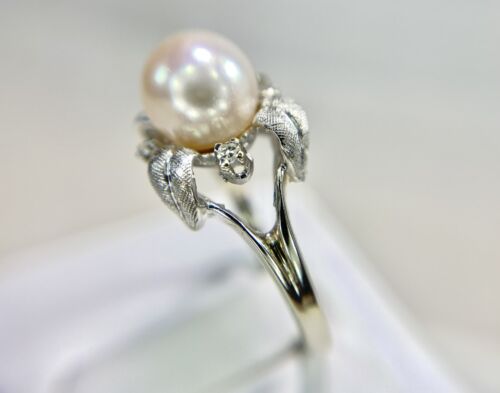 Vintage 14k White Gold White Pearl Round Single Cut Diamond Flower Cocktail Ring