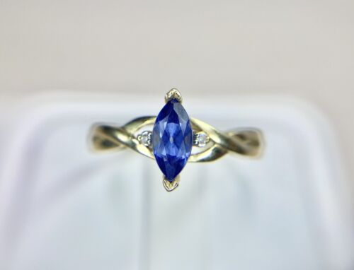 Vintage 10k Yellow Gold Marquise Blue Sapphire Round Natural Diamond Ring